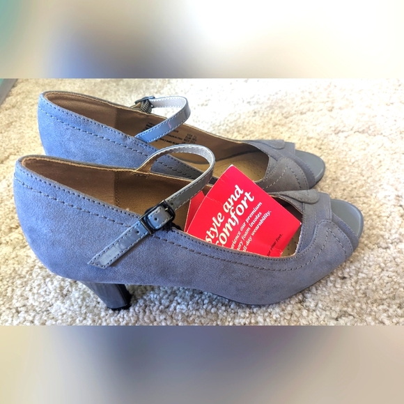 DexFlex Comfort Gray Peep Toe Heels Size 7.5 Women's Shoes Casual Comfortable - Picture 2 of 5